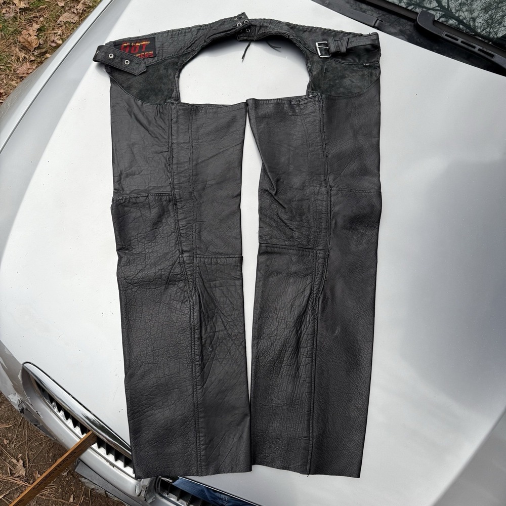 Vtg Hot Leather Motorcycle Chaps Sturgis Size XXL Side Zip Braided Design Grunge